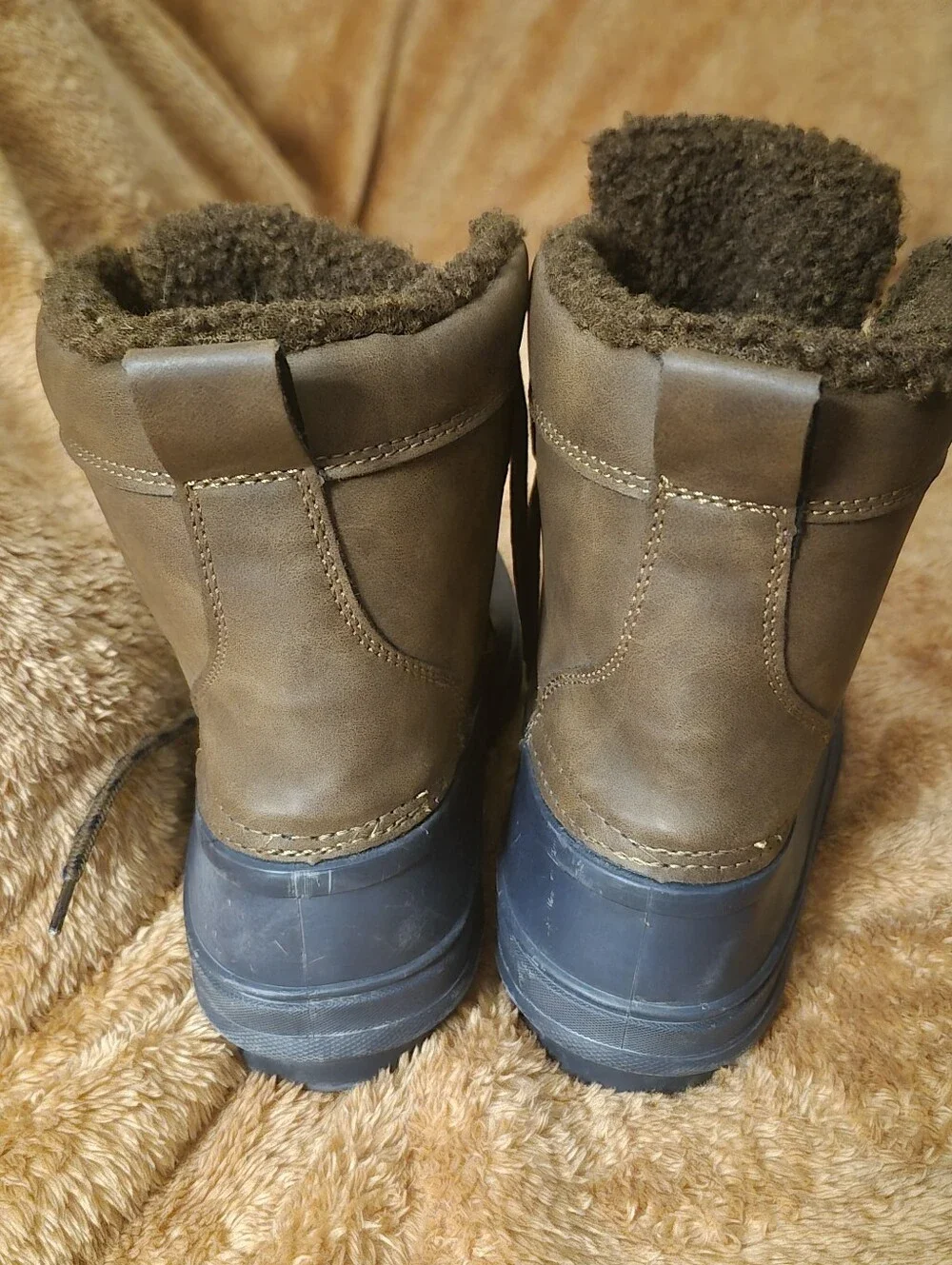 Lands End Big Boys Size 4 Brown Waterproof Duck Boots with Faux Fur Lining